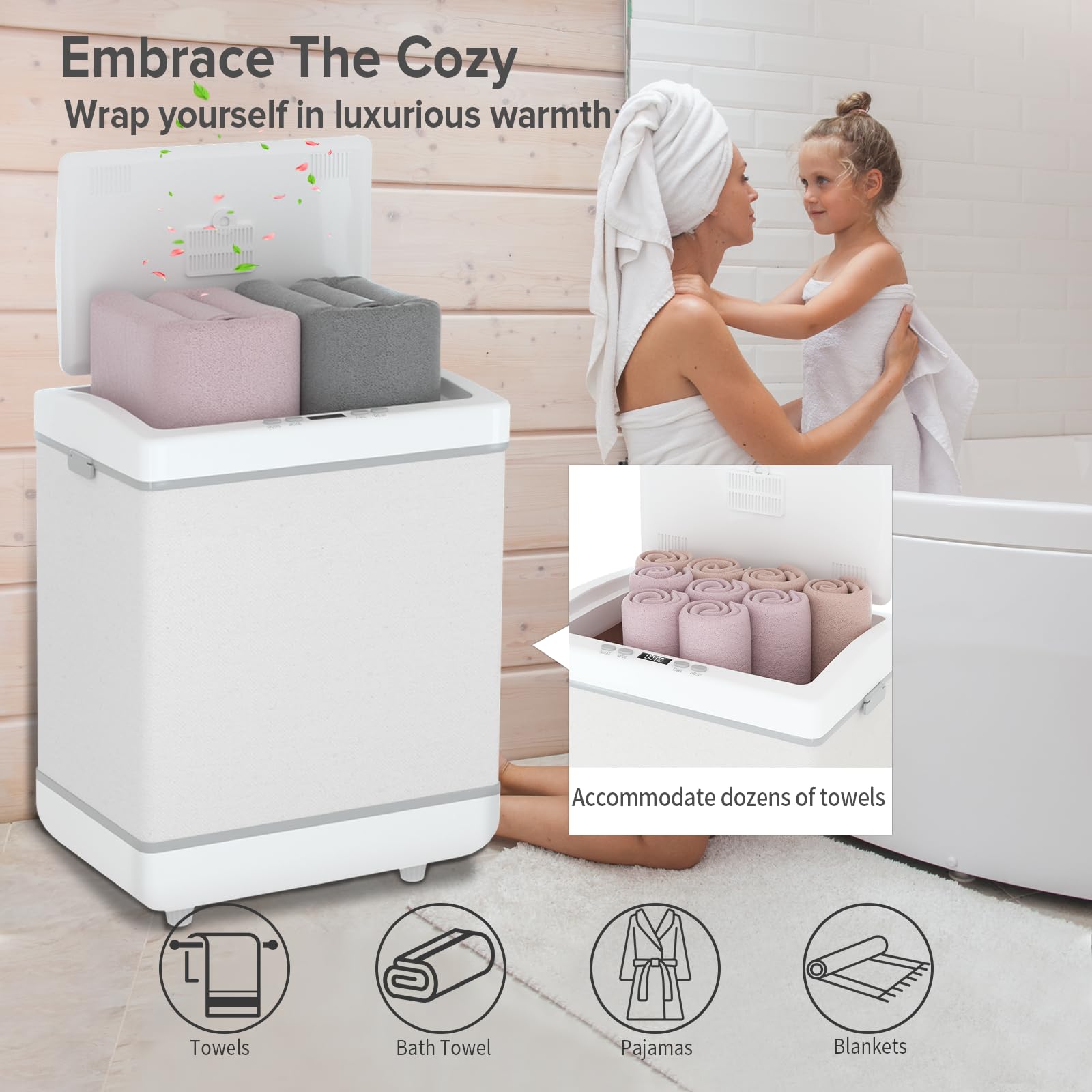 Floisdace Towel Warmers for Bathroom, 35L Foldable Hot Towel Warmer, Towel and Blanket Warmer Fits Oversized Towels, Large Bucket for Towels, Luxury Towel Warmer Spa for Home, Hotel, White