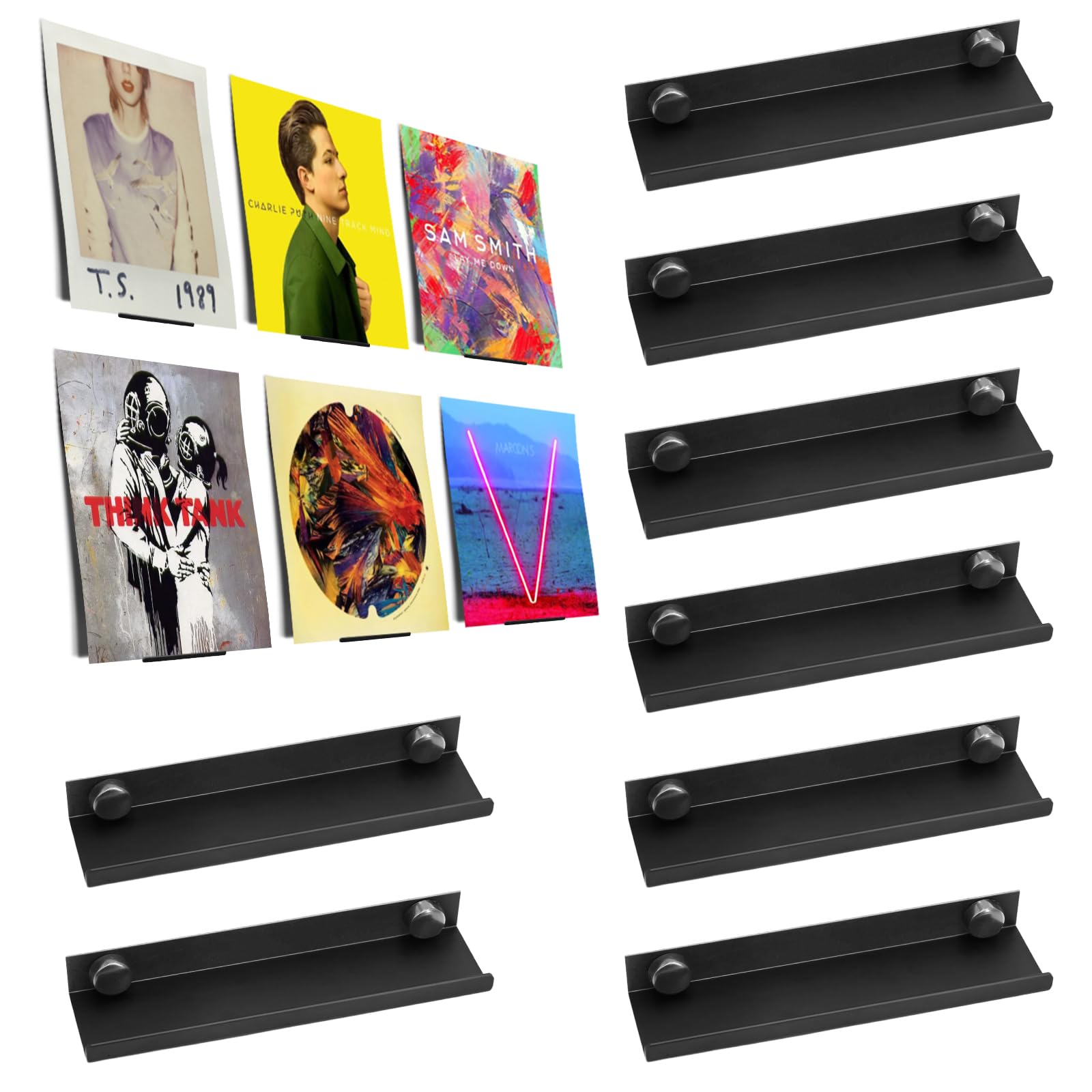 Vinyl Record Wall Mount Shelves, 8 Pcs Black Metal Vinyl Record Holder, Record Display Shelf for Albums, Floating Shelves Decoration in Office or Home, Kids Bookshelf, Magazine Rack, Picture Ledge