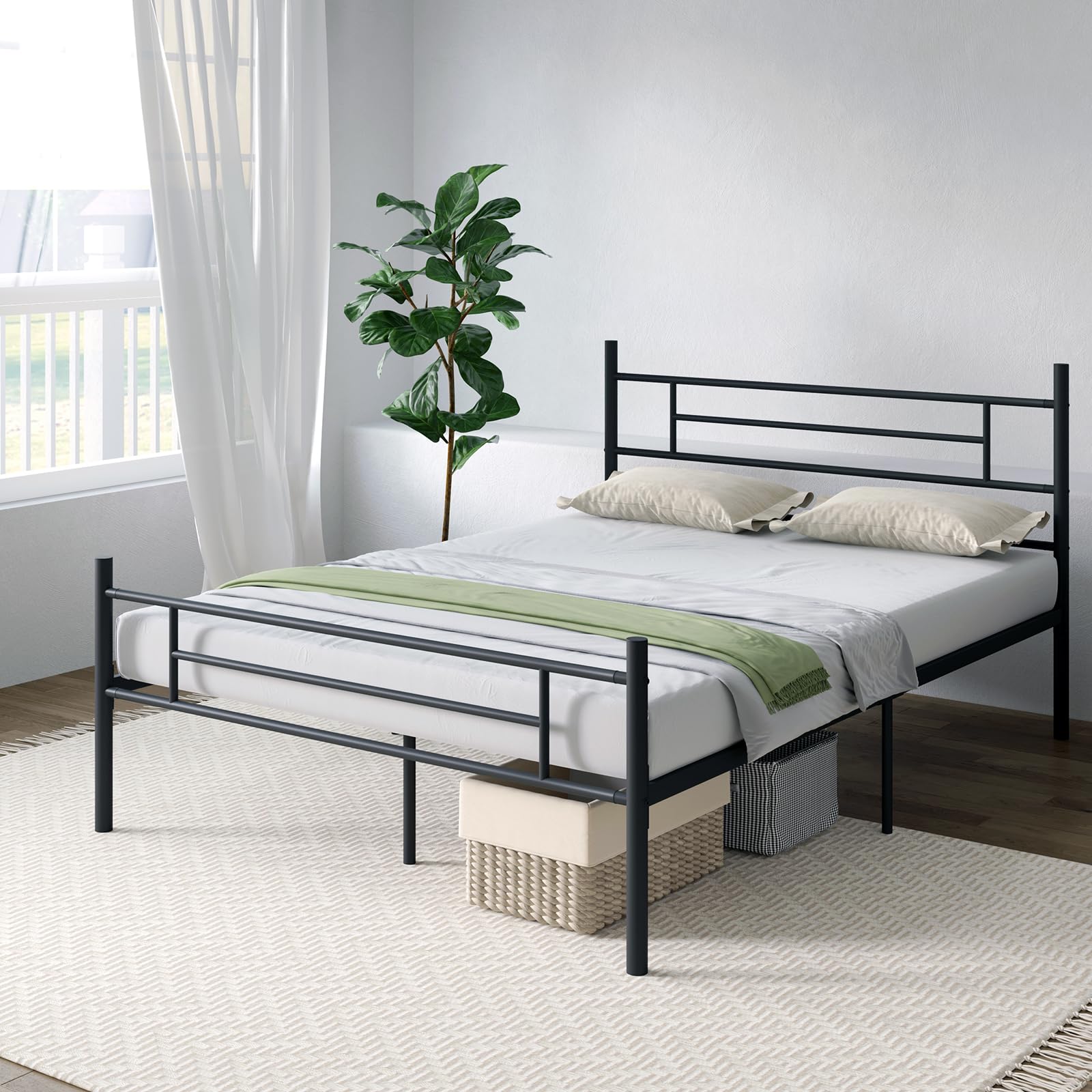 Novilla Queen Bed Frame with Headboard and Footboard, 14 Inch Metal Platform Bed Frame Queen Size, Large Storage Space, Heavy Duty Slats Support, Mattress Foundation No Box Spring Needed