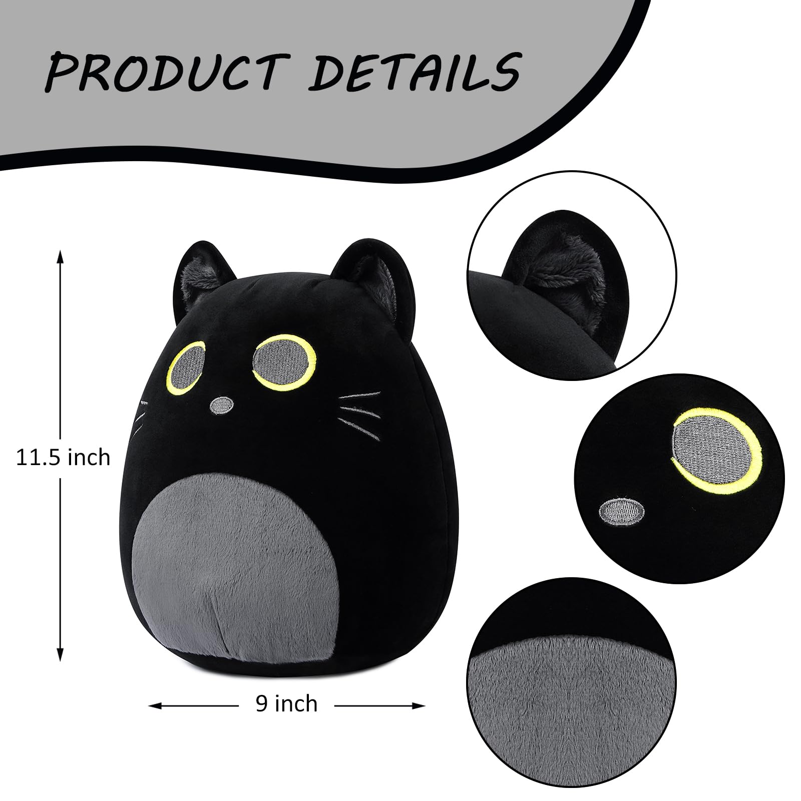 Eukynlre Black Cat Plush Pillows, Black Cat Stuffed Animals, Cute Cat Plushie Toy, Soft Black Cat Pillow Plush, Present for Kids Boys Girls Christmas Birthday (11.5 inches, Black Cat)