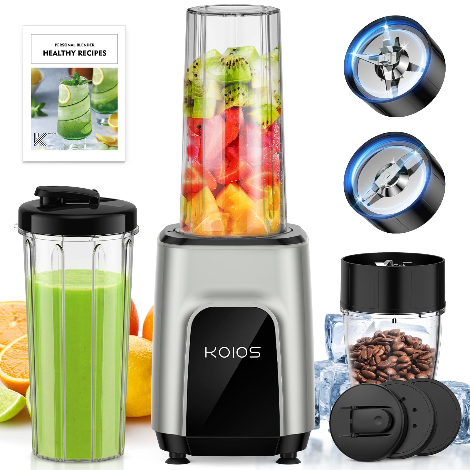 KOIOS Smoothies Blender, 900W Personal Blender and Grinder Combo for Kitchen, Smoothies Maker with 3 Non-BPA Portable Blender Cup for Baby Food, Beans, Nuts, Spice Protein Mixer