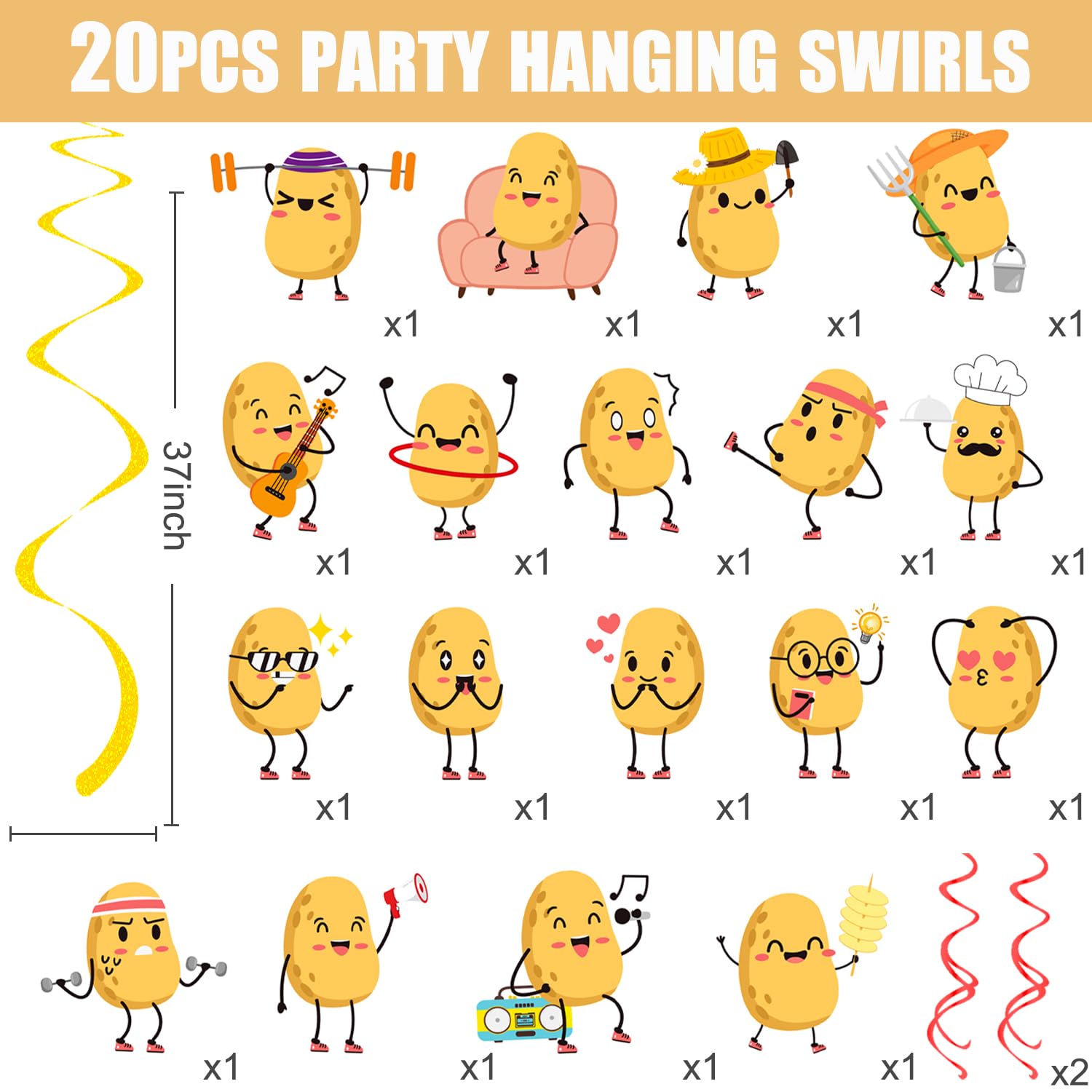 Potato Party Hanging Swirls 20Pcs Potato Party Ceiling Decorations Potato Birthday Party Supplies Potato Hanging Streamers for Potato Baby Shower Decorations