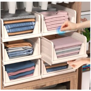 ctsnslh 6 pack folding closet organizers storage box, stackable storage bins, plastic drawer basket closet storage for wardrobe cupboard kitchen bathroom office light beige-6l