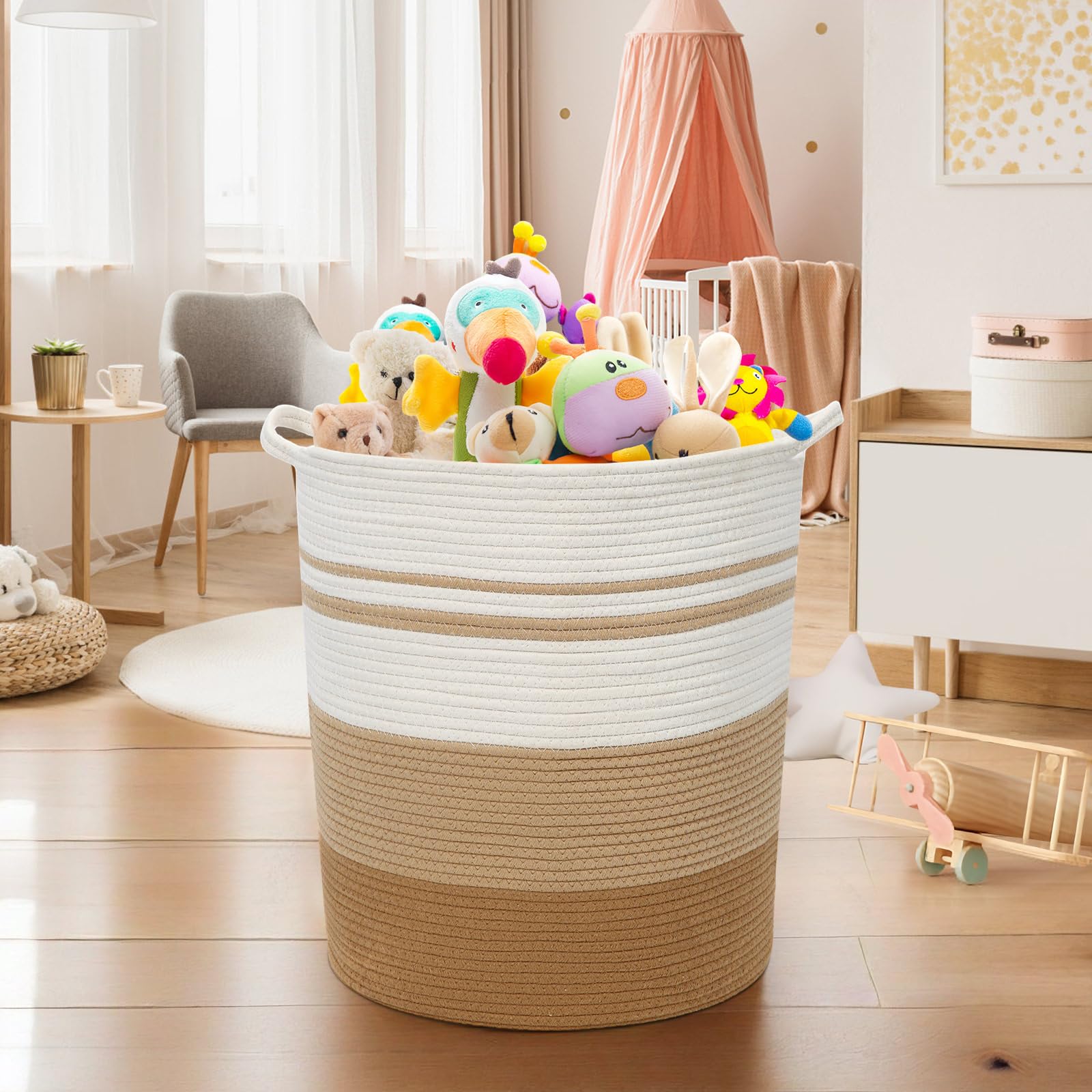 Tall Laundry Baskets with Sturdy Handles, Blanket Basket, 80L Large Dirty Clothes Hamper, Cotton Rope Basket for Blanket, Toys, Pillows, in Living Room, Bathroom, Bedroom