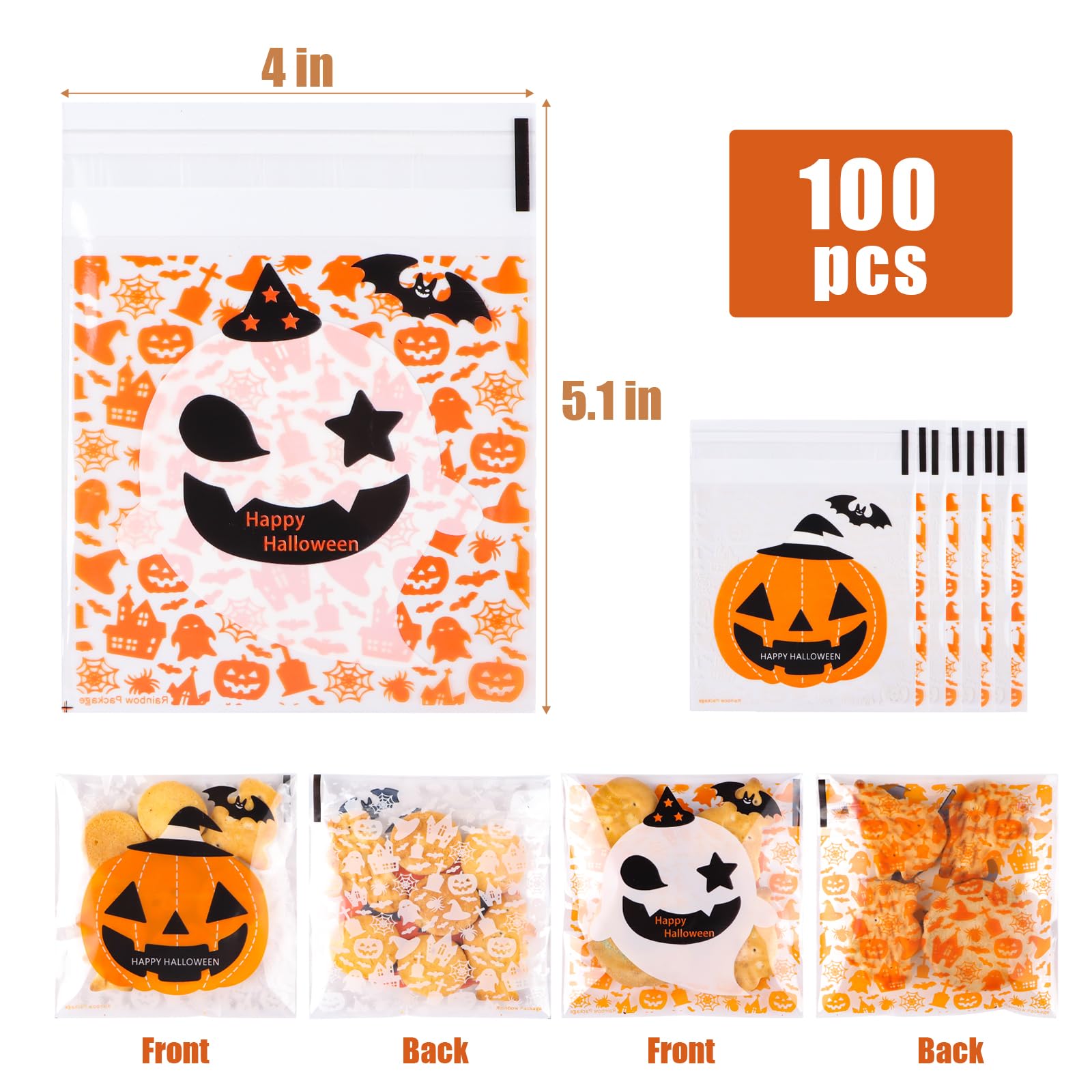 100pcs Halloween Cellophane Treat Bags Goodie Bags Self Adhesive Candy Bags Self Sealing Clear Cellophane Bags Trick or Treat Bags Bulk (Orange White)