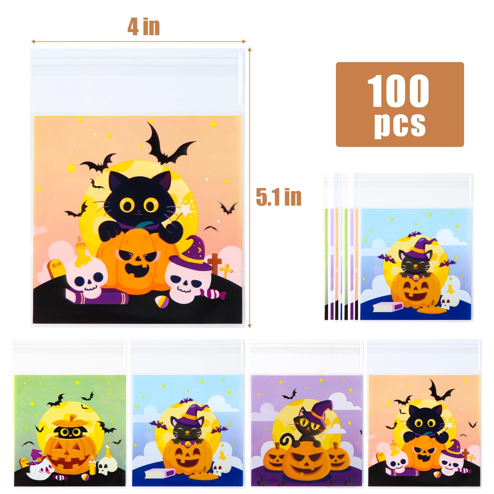 DDLP 100pcs Halloween Cellophane Treat Bags Goodie Bags Self Adhesive Candy Bags Self Sealing Clear Cellophane Bags Trick or Treat Bags Bulk (Multicolour)