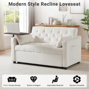 Skepphlay 3 in 1 Convertible Sofa, Sleeper Loveseat with Side Table, Pull Out Couch, 3-Level Adjustable Backrest, Recliner with 2 Pockets and 2 Pillows for Living Room Apartment Office, White