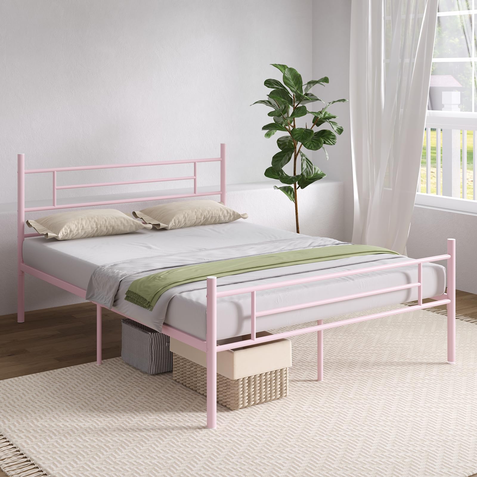 Novilla Full Size Bed Frame with Headboard and Footboard, 14 Inch Metal Platform Bed Frame with Under Bed Storage, No Box Spring Needed, Strong Metal Slats Support, Pink