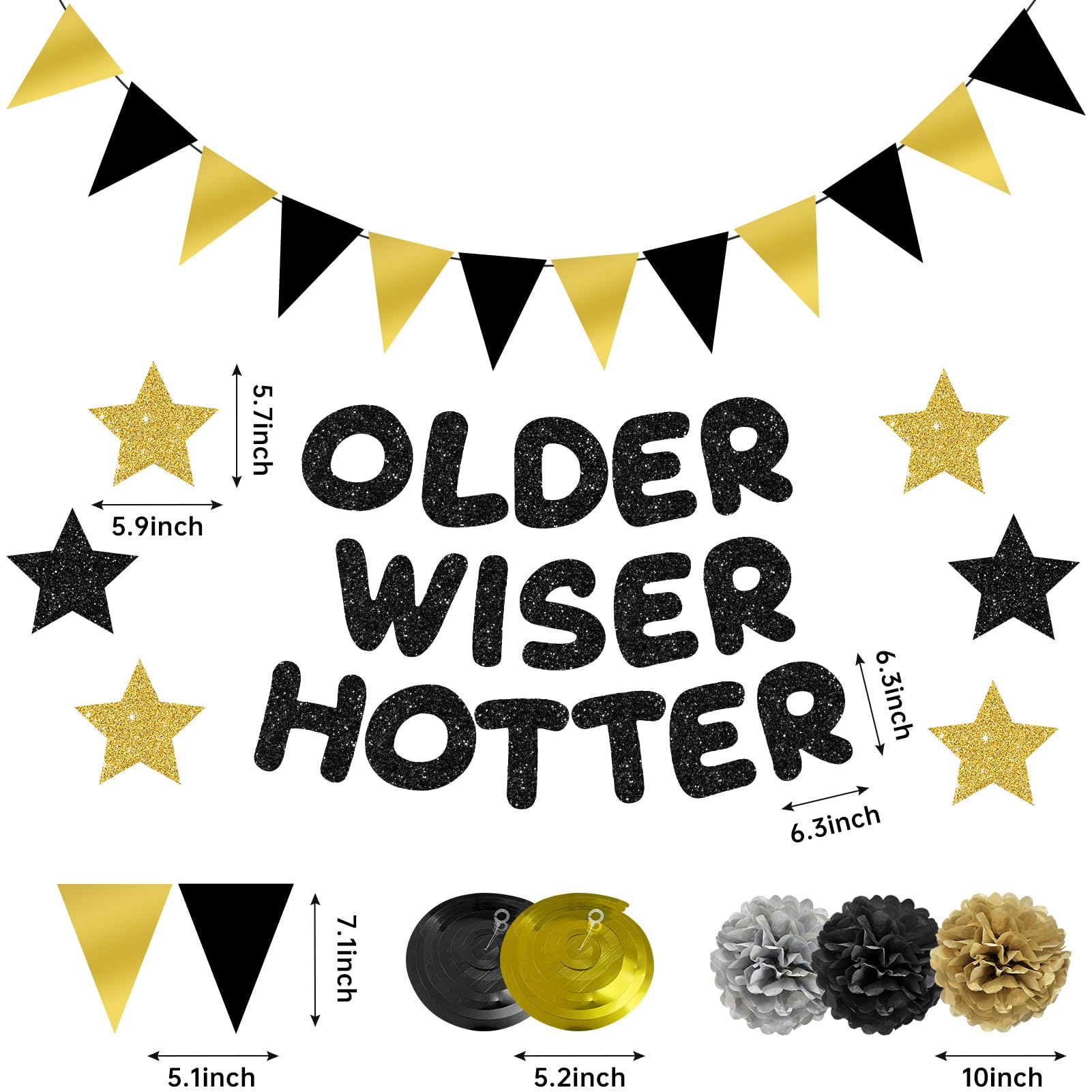 Turypaty Older Wiser Hotter Triangle Flag Birthday Banner Decorations Kit- Black Gold Glitter Birthday Decors for Men Women 30th 40th 50th 60th 70th 80th Paper Pompoms, Hanging Swirls Party Supplies