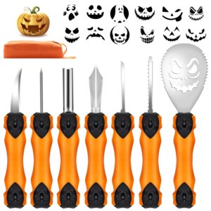 pumpkin carving tools kit, 7 pcs halloween pumpkin carving kit set with 12 pcs stickers, professional stainless handle tools with carrying case, gift for halloween party adults kids