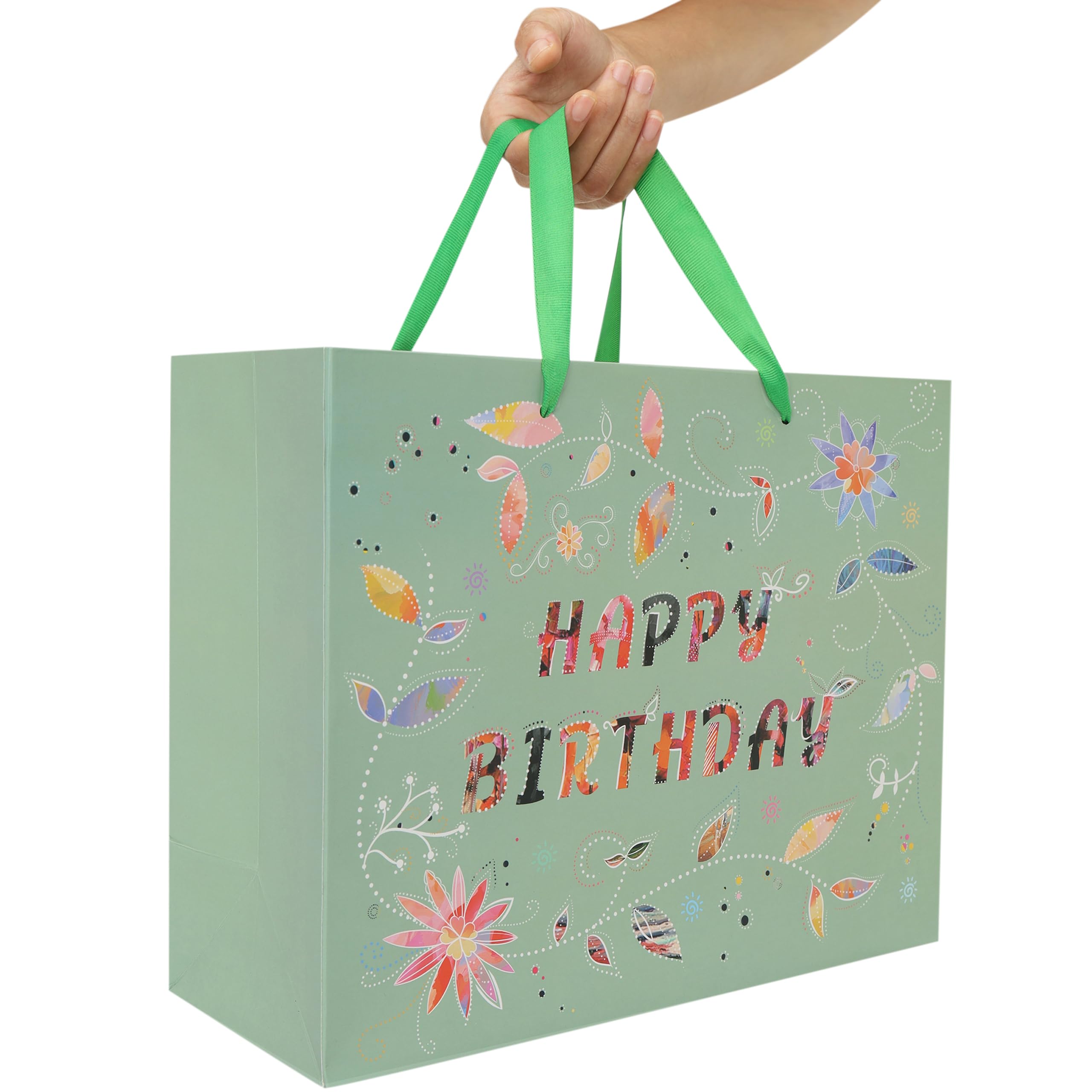 13” Large Happy Birthday Gift Bag Set with Handles, Greeting Card, Tissue Papers and Stickers for Women Girls, Green Floral Design, 1 Pcs