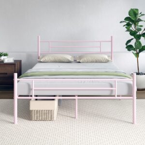 novilla full size bed frame with headboard and footboard, 14 inch metal platform bed frame with under bed storage, no box spring needed, strong metal slats support, pink