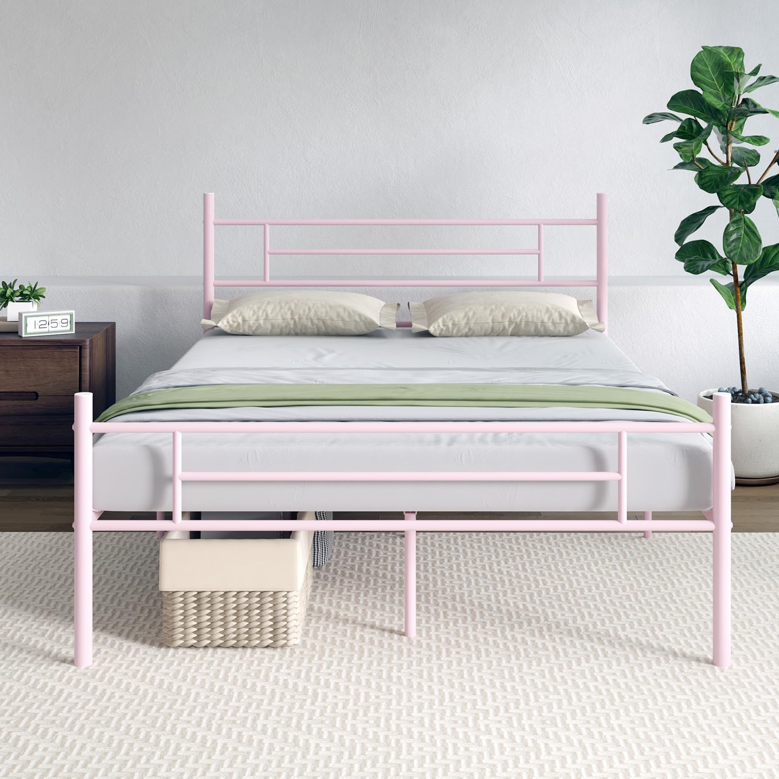 Novilla Full Size Bed Frame with Headboard and Footboard, 14 Inch Metal Platform Bed Frame with Under Bed Storage, No Box Spring Needed, Strong Metal Slats Support, Pink