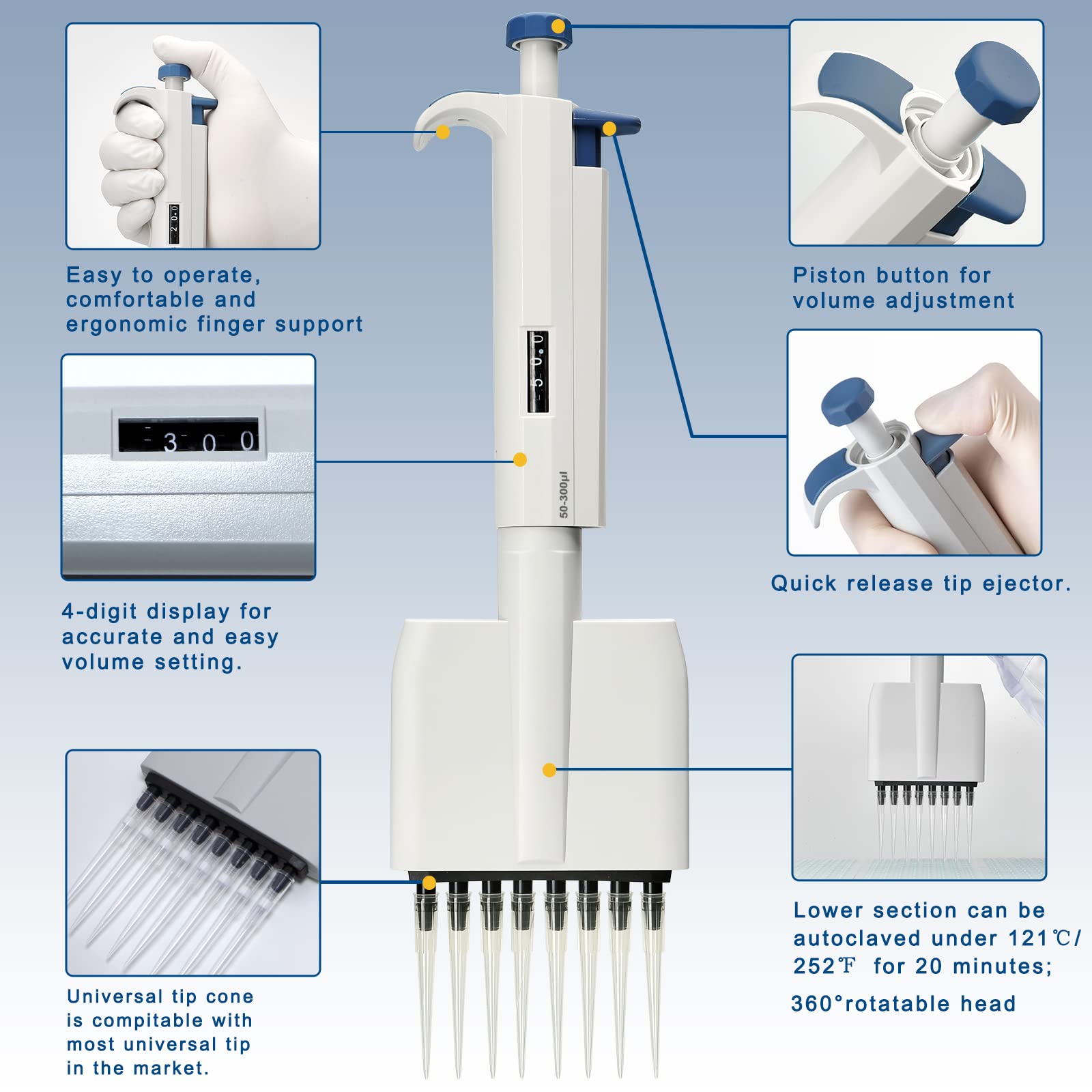 Huwazine Lab micropipette, 8-Channel Adjustable Volume Pipettor,Autoclavable Lower Section (0.5-10ul)