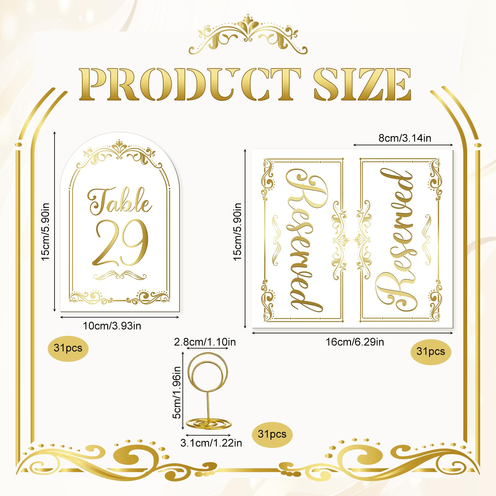 ZhouBoat 31 Sets Arch Gold White Table Number Cards with Holders and Reserved Seating Signs, Double Sided Gold Foil Table Number 1-30 and Head Table 4x6 Inch Birthday Wedding Reception Table Signs