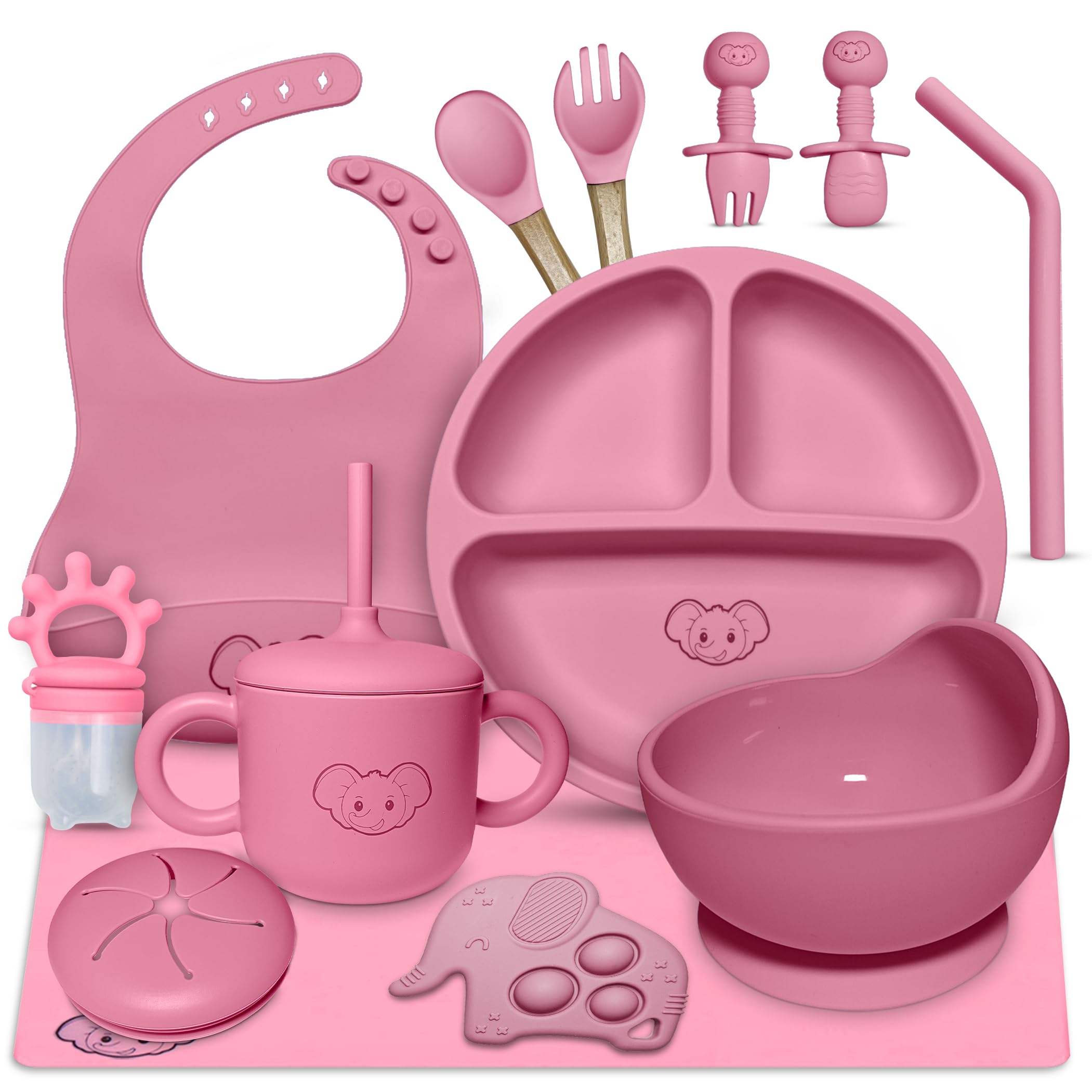 Eight4you Silicone Baby Feeding Set - Durable & Resistant Baby Feeding Set, Dishwasher Safe, Oven & Microwave Safe, food grade silicone material (pink)