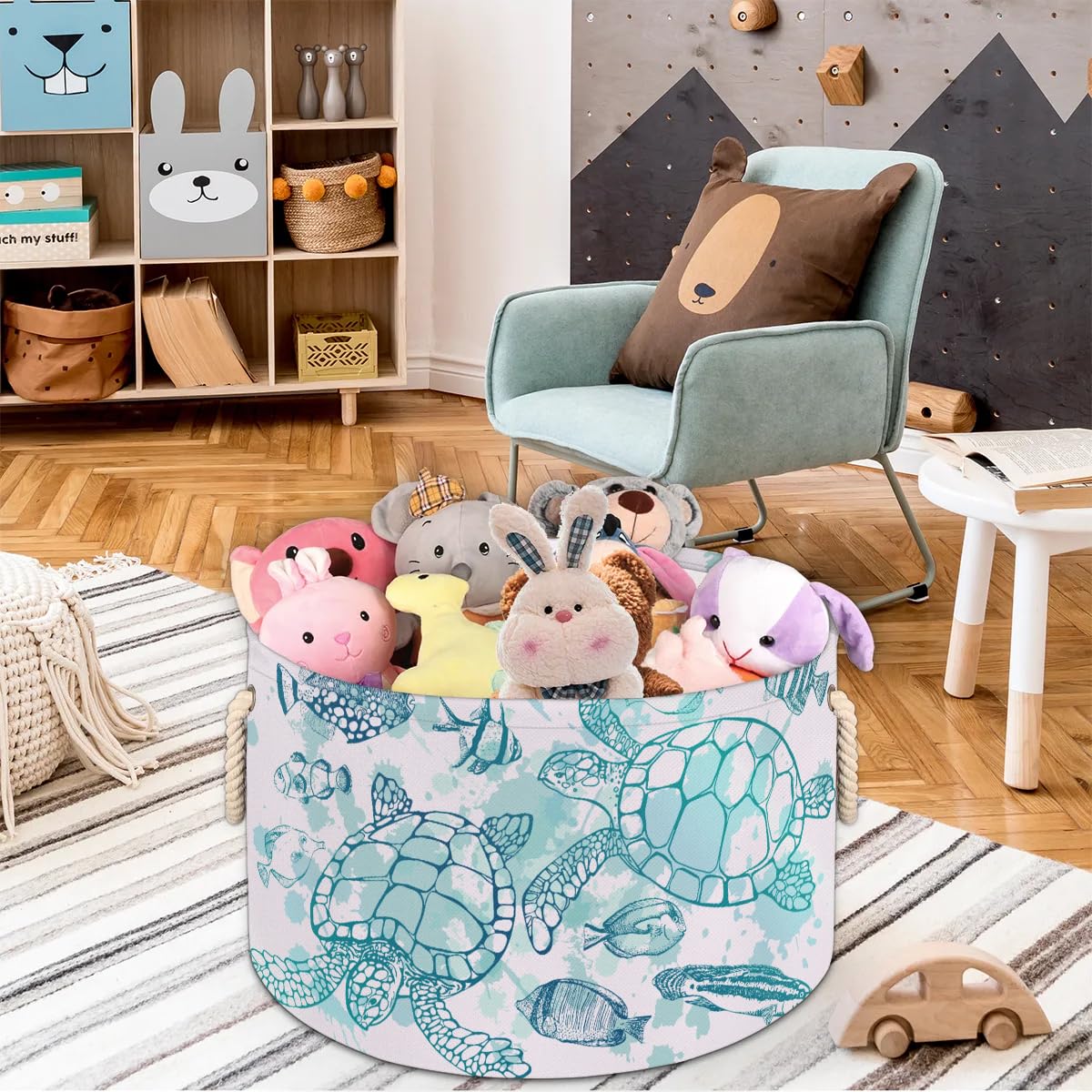 ADTASU Turtle Round Storage Basket for Boys Girls, Collapsible Storage Bins, Fabric Storage Laundry Baskets with Handle for Organizing Closet, Toys, Towels