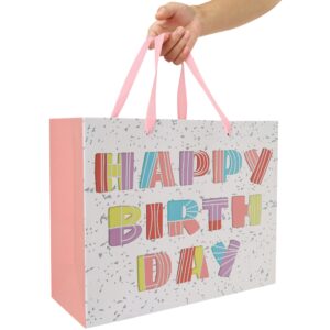 13” Large Colorful Happy Birthday Gift Bag Set with Handles, Greeting Card, Tissue Papers and Stickers for Women Girls, Silver Foil Accents Design, 1 Pcs