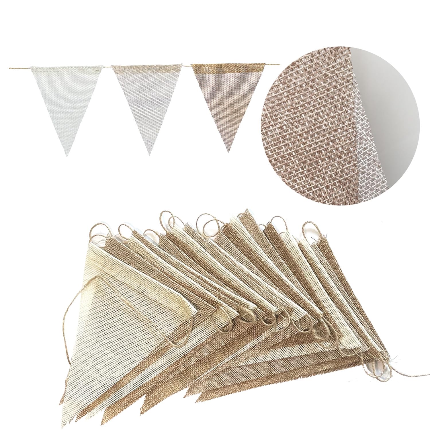 YUNSHANGMO 24 Pcs Triangle Pennant Flags Banner, Beige Imitated Burlap Bunting Banners for Boho Style Engagement Weeding Baby Shower Party Decor, Festival Classroom Hanging Decoration