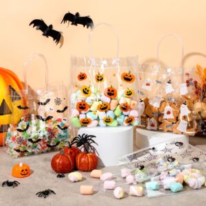 Aliceset 20 Pcs Halloween Clear Gift Bags with Handles Trick or Treat Plastic Bags Cute Pumpkin Halloween Tote Bag for Ghost Spider Party Favor Bags for Halloween Party Gifts Supplies, 8x8x3.15 Inch