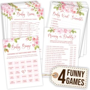 woodamore funny baby shower games for girl - baby shower bingo game, baby shower word scramble card, floral baby shower activities for 25 guests, baby trivia mommy or daddy game for baby shower decor