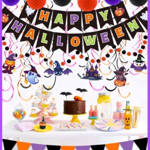 Happy Halloween Banner Halloween Party Decorations Indoor, Paper Pom Poms Triangle Flag Halloween Sign Hanging Garland Swirls Halloween Streamers for Trunk or Treat Decorations