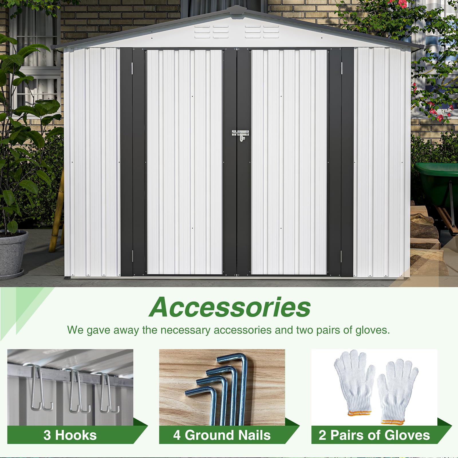 SumKea 8ftx6ft Tool Shed Outdoor Storage, Galvanized Steel Metal Shed, Tool Shed Equipped with Vents and Lockable, Outdoor Tool Shed Ldeal for Backyards, Patio, Gray White