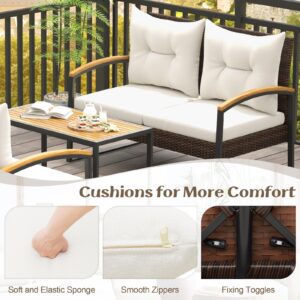 Tangkula 4 Piece Patio Conversation Set, with Heavy Duty Solid Acacia Wood Armrests & Tabletop, Outdoor Cushioned Wicker Furniture Set for Backyard, Poolside, Lawn, Blacony (1, Off White)