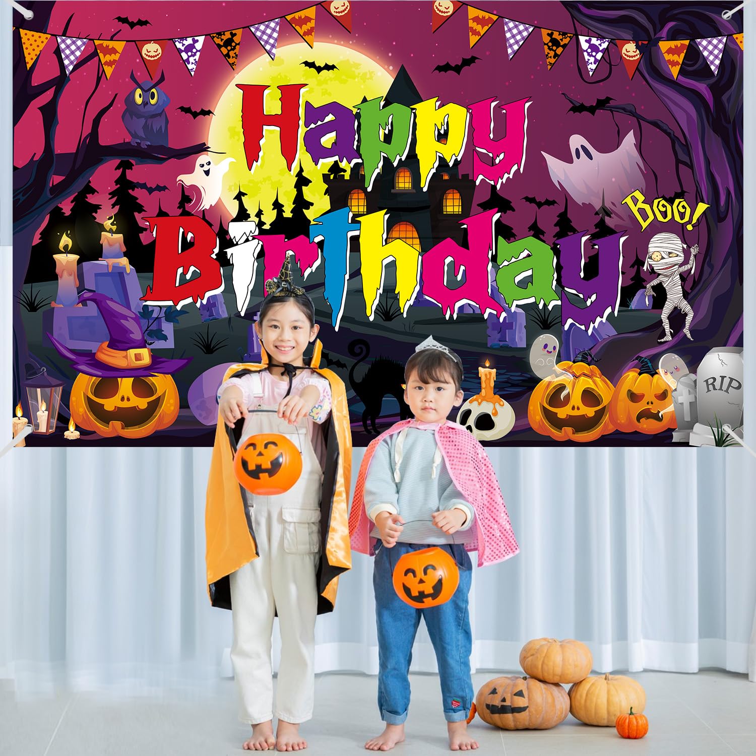 Halloween Happy Birthday Backdrop Large Size Halloween Birthday Banner for Halloween Birthday Party Decorations