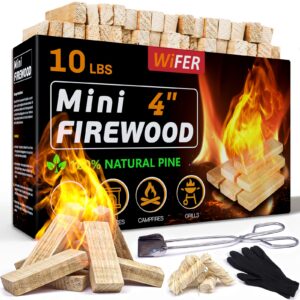 wifer mini fire stick with fire starter & tongs, 4'' kiln-dried pine great firewood for wood stoves, tabletop fire pit, bbq grill, pizza oven, solo stove accessories, bbq accessories, 10 lb box