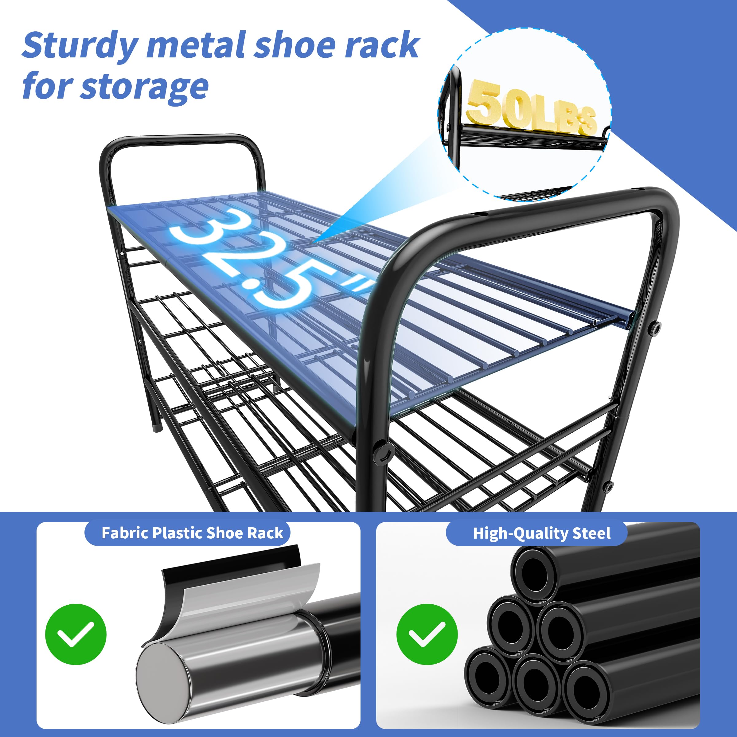 MWQ 3 Tier Stackable Shoe Rack, 32.5" Wide All Metal Free Standing Shoe Storage Organizer for Entryway, Closet, Black