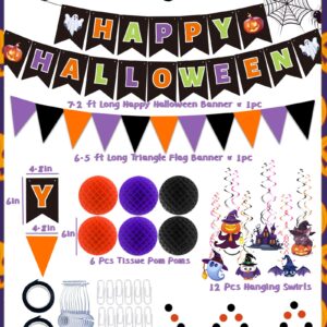 Happy Halloween Banner Halloween Party Decorations Indoor, Paper Pom Poms Triangle Flag Halloween Sign Hanging Garland Swirls Halloween Streamers for Trunk or Treat Decorations