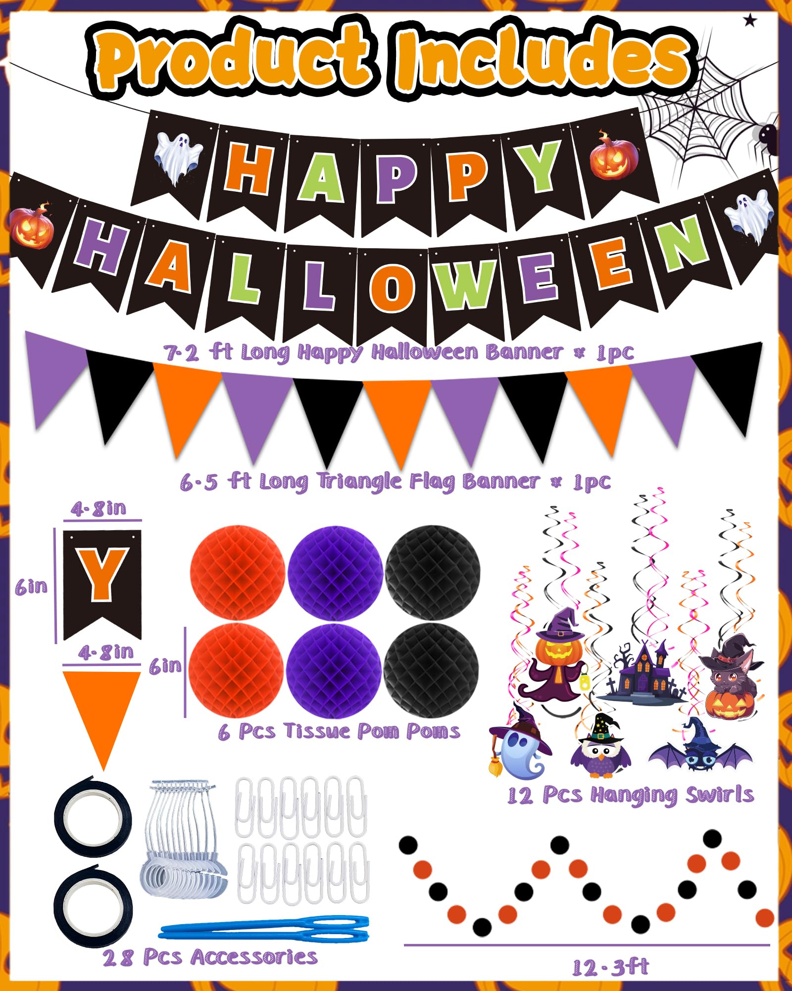 Happy Halloween Banner Halloween Party Decorations Indoor, Paper Pom Poms Triangle Flag Halloween Sign Hanging Garland Swirls Halloween Streamers for Trunk or Treat Decorations