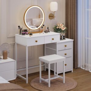 DSAFGGY Vanity Desk with Lighted Mirror and Stool, Makeup Vanity with 5 Drawers(3 Fabric), 3 Lighting Modes LED Mirror, Vanity Table for Bedroom Dresser Vanity Set, Girls Women Gift, White, 40.4" W