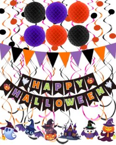 happy halloween banner halloween party decorations indoor, paper pom poms triangle flag halloween sign hanging garland swirls halloween streamers for trunk or treat decorations