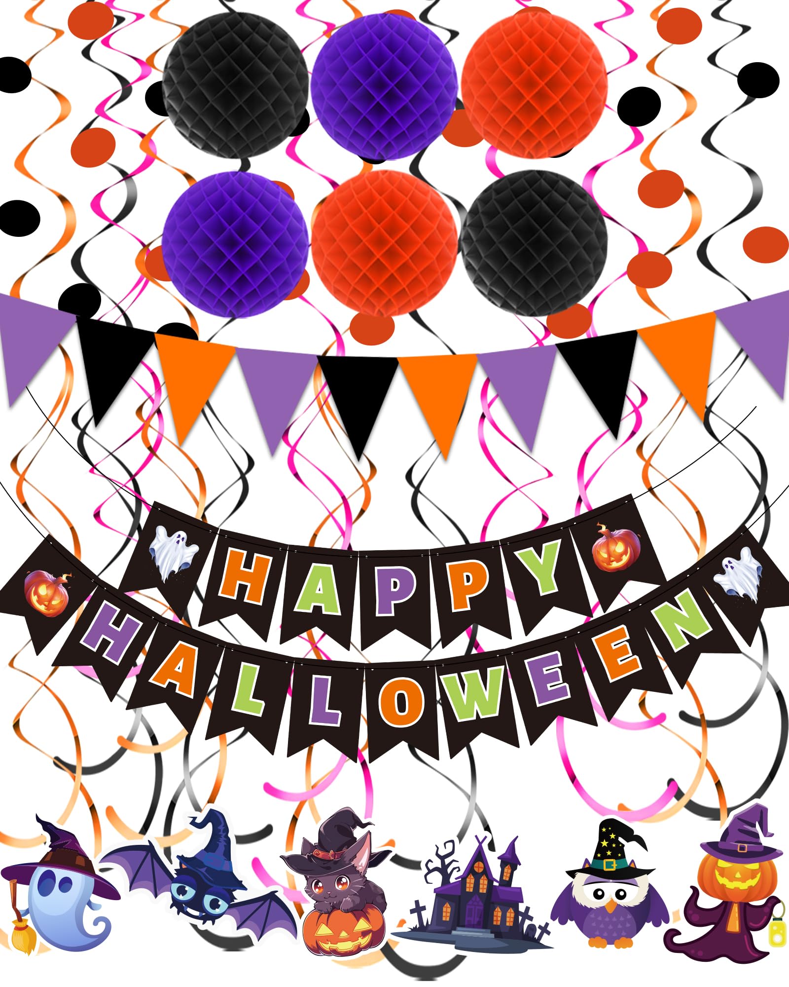 Happy Halloween Banner Halloween Party Decorations Indoor, Paper Pom Poms Triangle Flag Halloween Sign Hanging Garland Swirls Halloween Streamers for Trunk or Treat Decorations