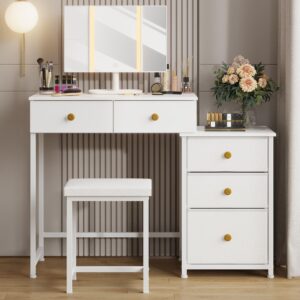 dsafggy vanity desk with 5 drawers and mirror & 3 lighting modes, makeup vanity with 5 large drawers for bedroom - 41 inch white