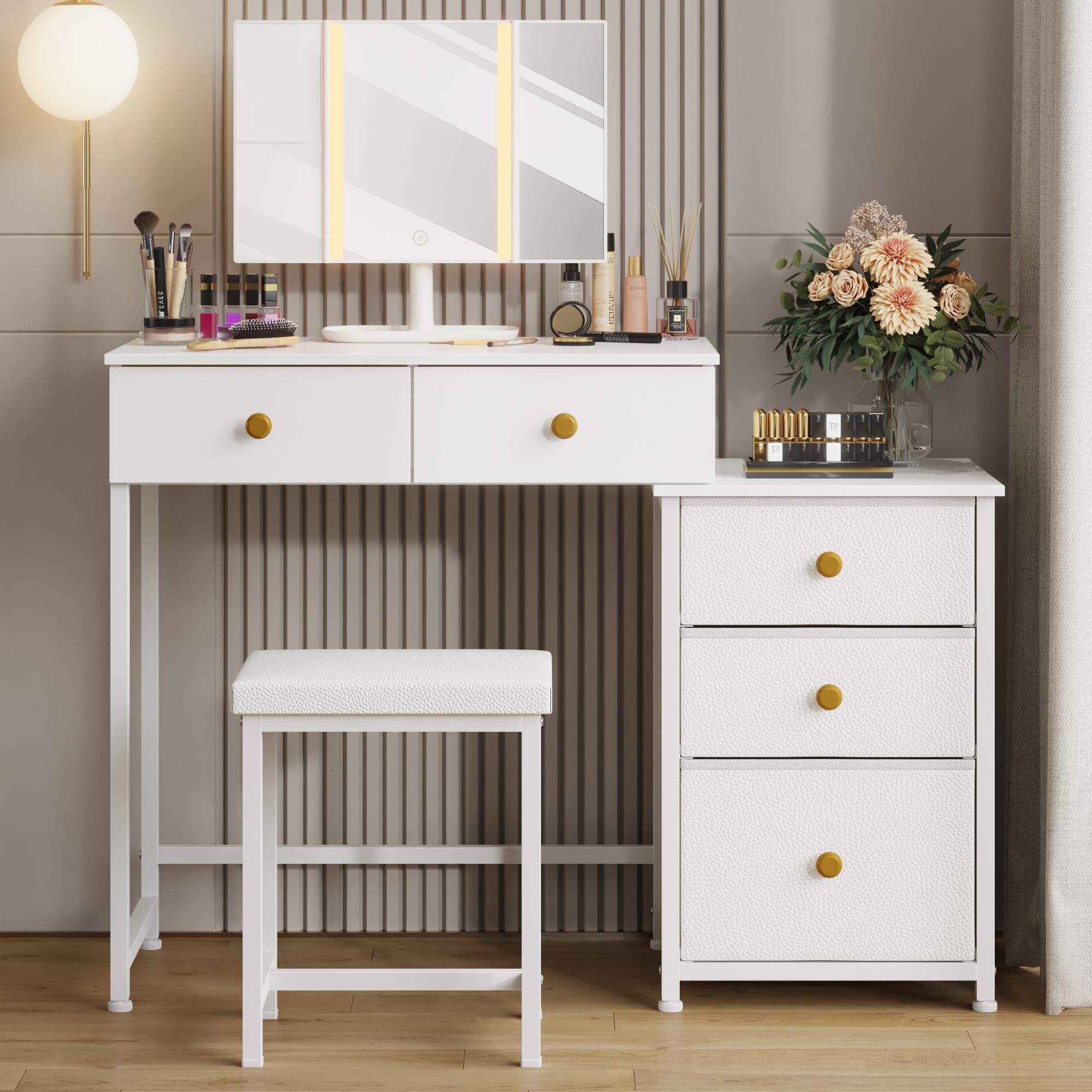 DSAFGGY Vanity Desk with 5 Drawers and Mirror & 3 Lighting Modes, Makeup Vanity with 5 Large Drawers for Bedroom - 41 Inch White