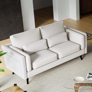 Novilla 68.5 Inch Modern Loveseat Sofa Couches, Small Sofa with 2 Waist Pillows, Natural Linen Upholstered Couch for Living Room, Bedroom and Apartment, Solid Wood Frame, Easy to Install, White