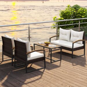 Tangkula 4 Piece Patio Conversation Set, with Heavy Duty Solid Acacia Wood Armrests & Tabletop, Outdoor Cushioned Wicker Furniture Set for Backyard, Poolside, Lawn, Blacony (1, Off White)