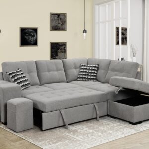 Familymill 100'' Modern Upholstered Fabric L-Shaped Convertible Corner Sectional Sofa Bed, Pull-Out Sleeper Sofa Bed with Storage Ottoman, USB Ports, and 2 Stools (Light Gray, L Shaped)