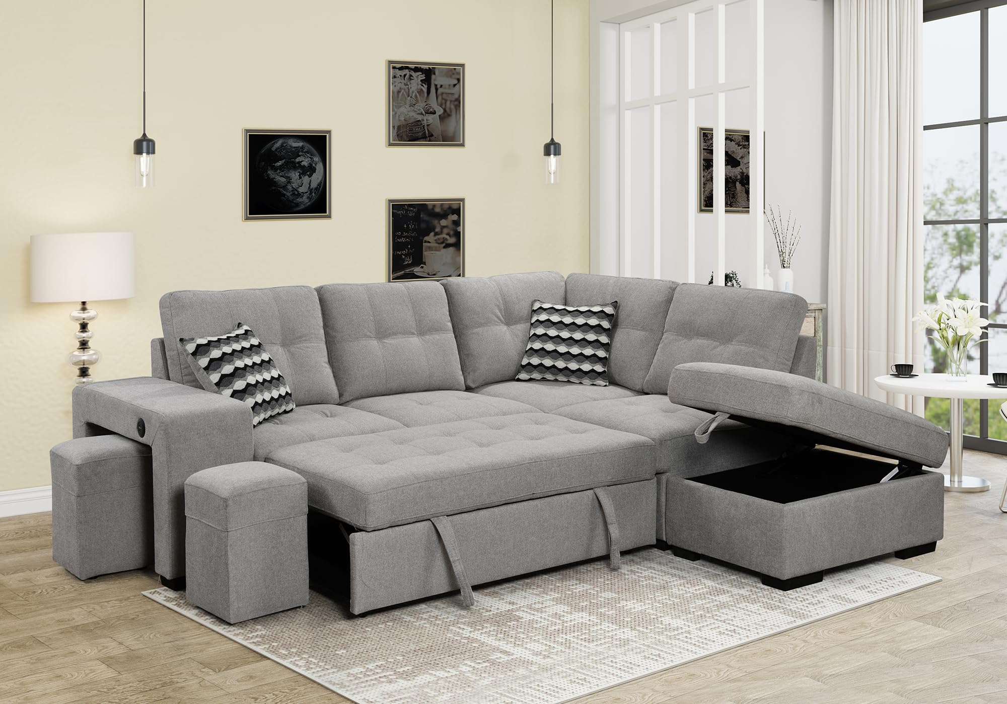 Familymill 100'' Modern Upholstered Fabric L-Shaped Convertible Corner Sectional Sofa Bed, Pull-Out Sleeper Sofa Bed with Storage Ottoman, USB Ports, and 2 Stools (Light Gray, L Shaped)