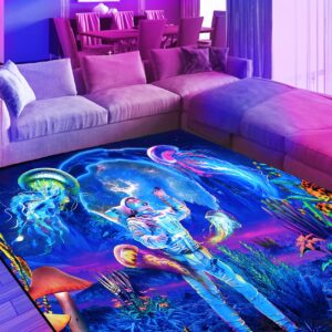 eiskbc blacklight astronaut area rug, large neon uv reactive kids rug, non-slip fluorescent luminous floor mat carpet, glow in the dark plants jellyfish galaxy space bed room decor 70x47inch