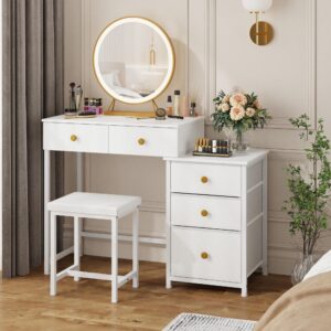 DSAFGGY Vanity Desk with Lighted Mirror and Stool, Makeup Vanity with 5 Drawers(3 Fabric), 3 Lighting Modes LED Mirror, Vanity Table for Bedroom Dresser Vanity Set, Girls Women Gift, White, 40.4" W