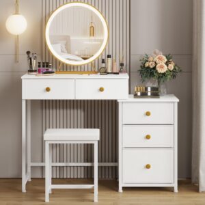 dsafggy vanity desk with lighted mirror and stool, makeup vanity with 5 drawers(3 fabric), 3 lighting modes led mirror, vanity table for bedroom dresser vanity set, girls women gift, white, 40.4" w