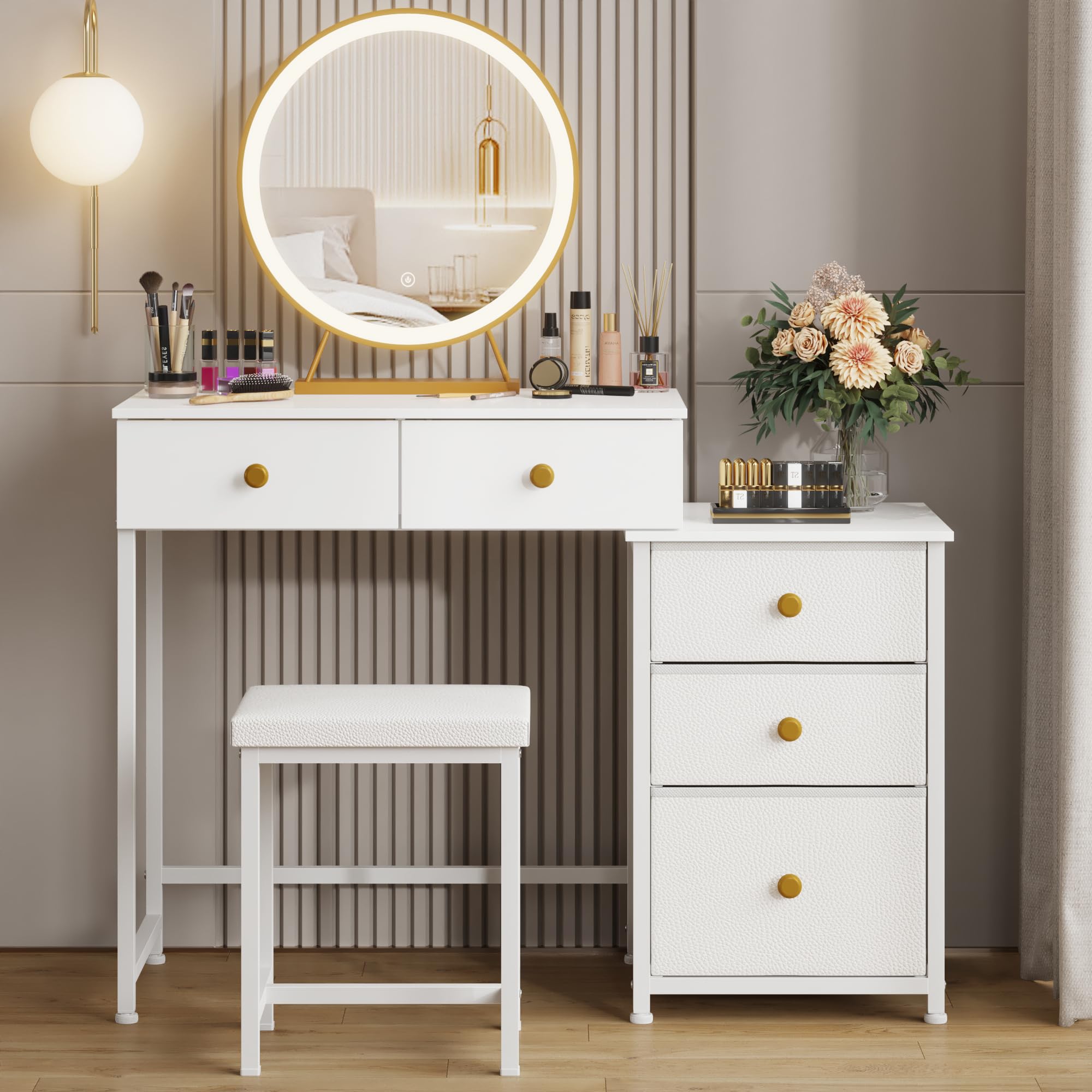 DSAFGGY Vanity Desk with Lighted Mirror and Stool, Makeup Vanity with 5 Drawers(3 Fabric), 3 Lighting Modes LED Mirror, Vanity Table for Bedroom Dresser Vanity Set, Girls Women Gift, White, 40.4" W