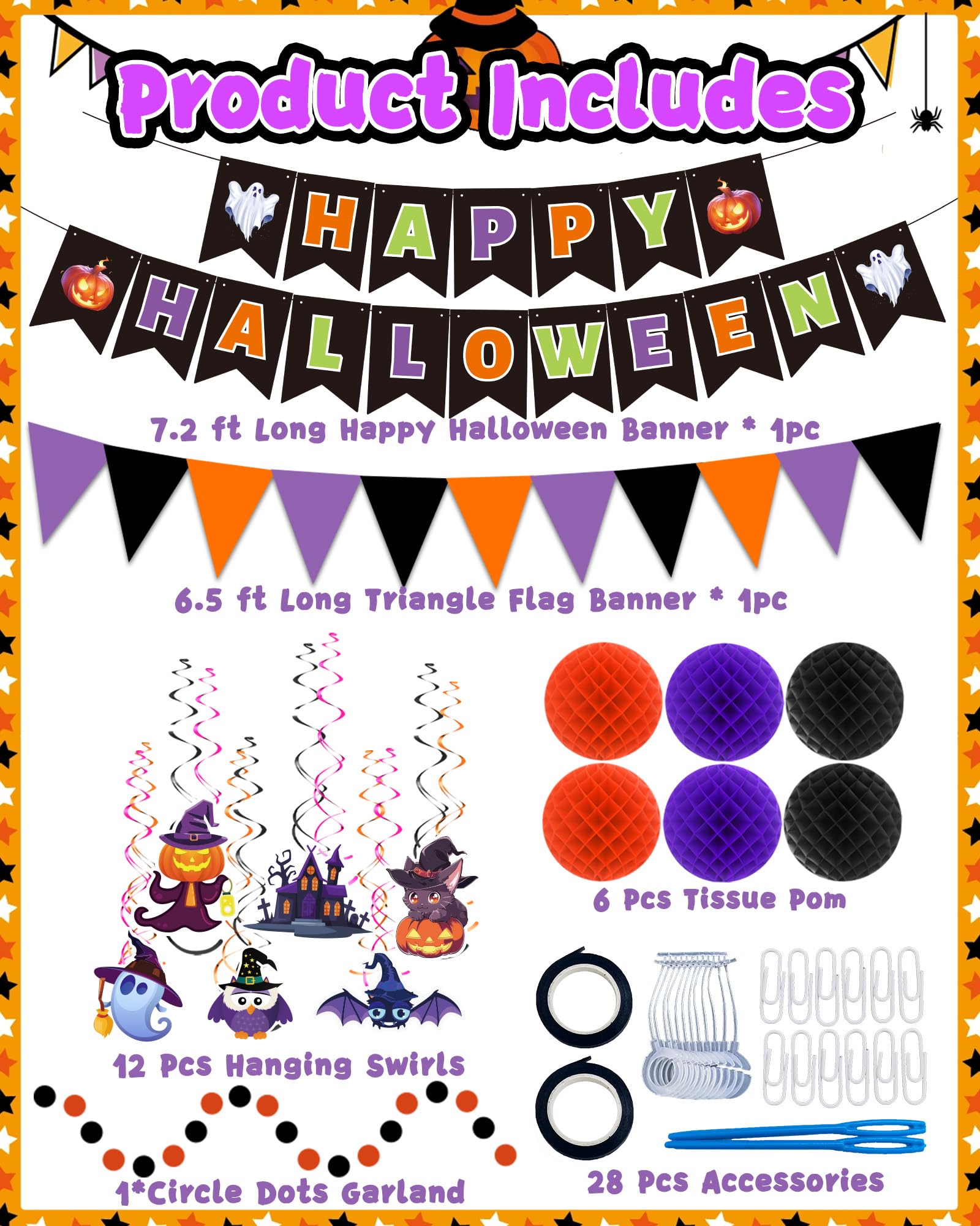 Oomloid Halloween Party Decorations Indoor - Happy Halloween Banner, Hanging Swirl Streamers, Halloween Sign Triangle Flag Bunting Halloween Supplies for Trunk or Treat Decorations