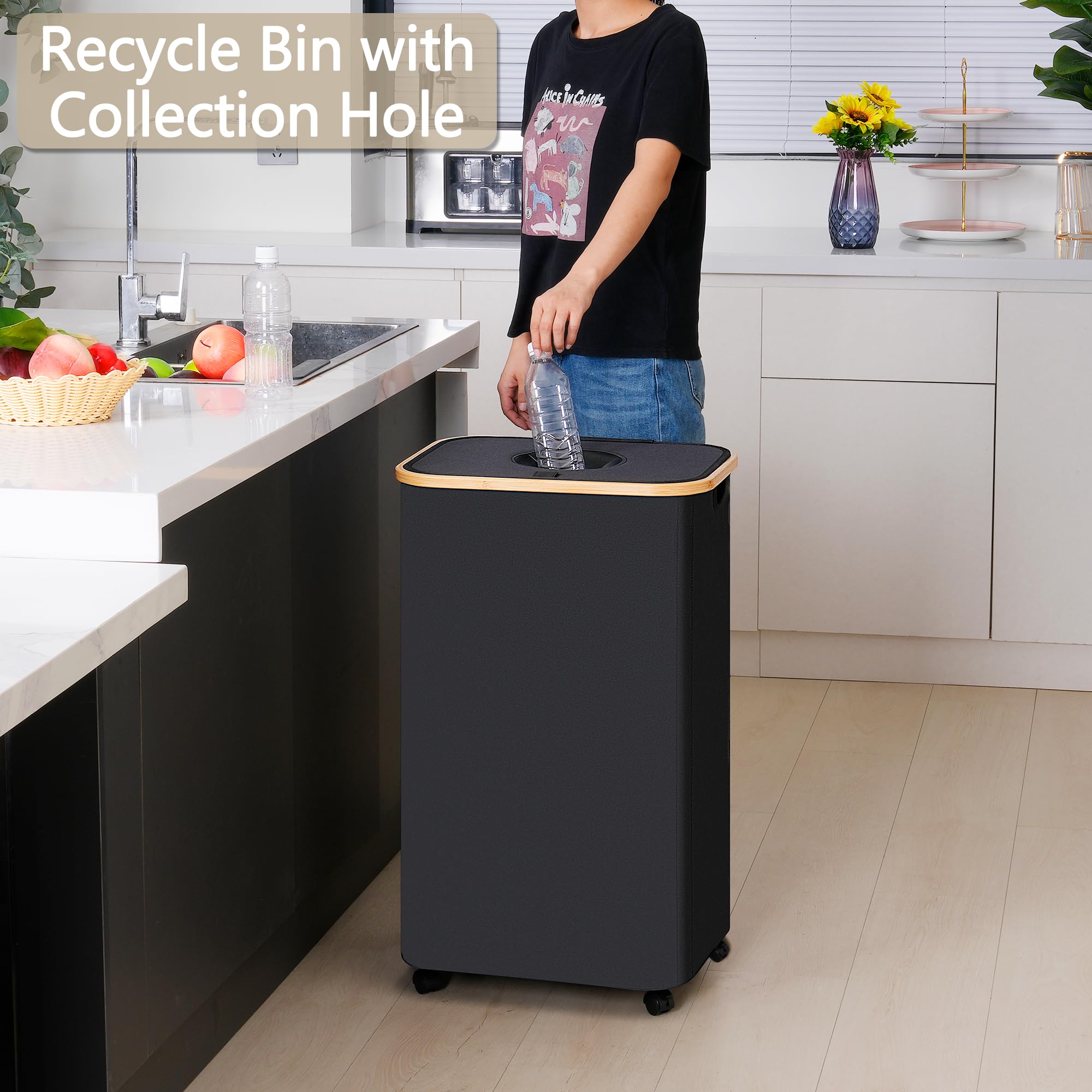 efluky Recycle Bins for Kitchen 100L (26 Gallon), Recycling Bin with Wheels and 2 Removeable and Reusable Inner Bags, Kitchen Recycling bin with lid for Bottle Can Plastice Stickers, Black