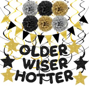 turypaty older wiser hotter triangle flag birthday banner decorations kit- black gold glitter birthday decors for men women 30th 40th 50th 60th 70th 80th paper pompoms, hanging swirls party supplies