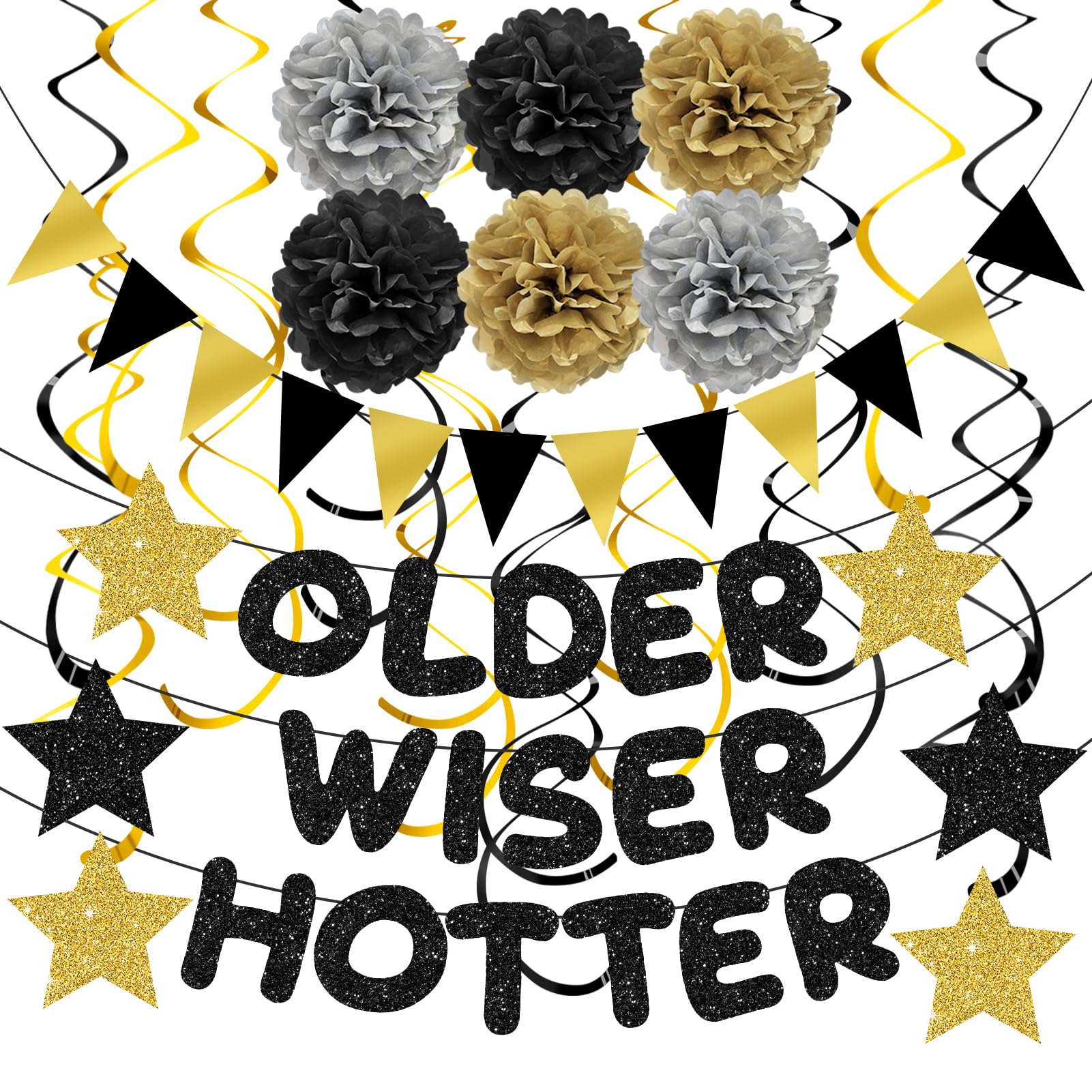 Turypaty Older Wiser Hotter Triangle Flag Birthday Banner Decorations Kit- Black Gold Glitter Birthday Decors for Men Women 30th 40th 50th 60th 70th 80th Paper Pompoms, Hanging Swirls Party Supplies